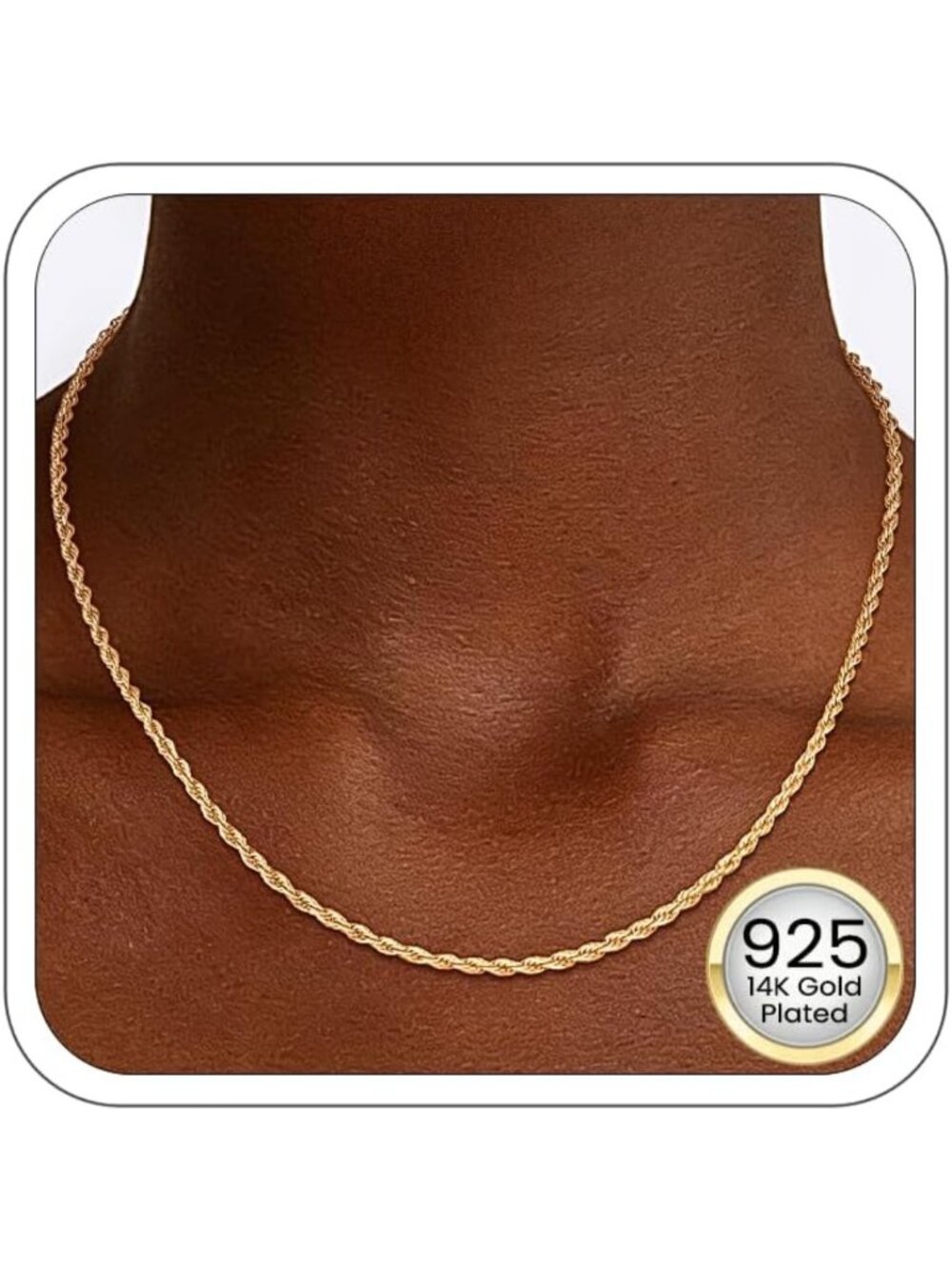 Sturdy 925 Sterling Silver Rope Chain Necklace for Women, 14K Gold Plated, 16-26